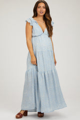 Light Blue Floral Deep V-Neck Tiered Maternity Maxi Dress