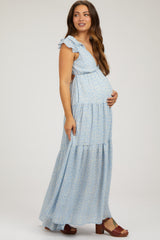 Light Blue Floral Deep V-Neck Tiered Maternity Maxi Dress