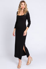 Black Ribbed Side Slit Midi Dress