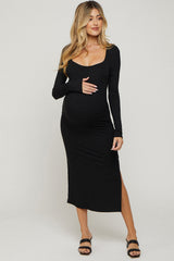 Black Ribbed Side Slit Maternity Midi Dress