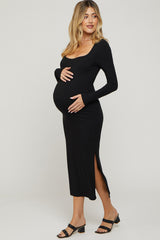 Black Ribbed Side Slit Maternity Midi Dress