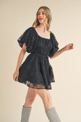 Black Sequined Lace Flared Mini Dress