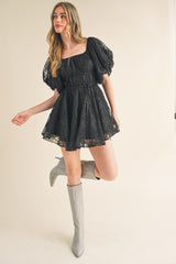 Black Sequined Lace Flared Mini Dress