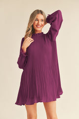 Orchid Dusty Purple Pleated High Neck Mini Dress