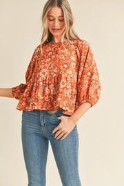 Caramel Floral Print Babydoll Top