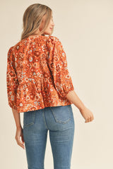 Caramel Floral Print Babydoll Top