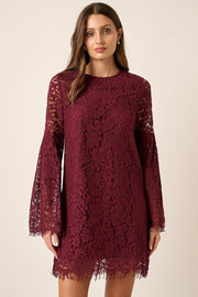 Wine Eyelet Edge Lace Bell Sleeve Woven Dress