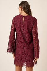 Wine Eyelet Edge Lace Bell Sleeve Woven Dress