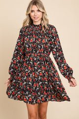 Black Floral Print Smocked Yoke Dress