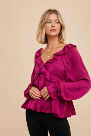 Plum Washed Satin Cross Ruffled Long Sleeve Blouse