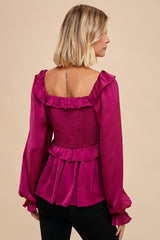 Plum Washed Satin Cross Ruffled Long Sleeve Blouse