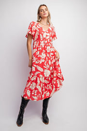 Red Tropical Print Ruffle Midi Dress