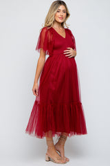 Burgundy Dotted Tulle Smocked Maternity Midi Dress