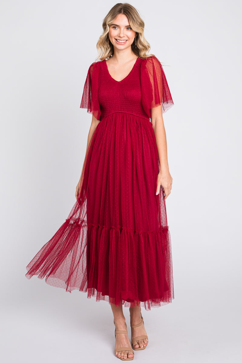 Burgundy Dotted Tulle Smocked Midi Dress – PinkBlush