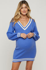 Blue Oversized Varsity Striped V-Neck Maternity Sweater Dress