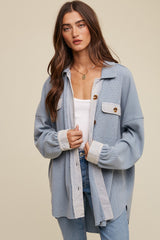 Light Blue Waffle Knit Button Up Top