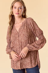 Pale Mocha Smocked Sleeve Hi-Low Blouse