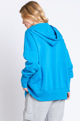 Blue Hooded Button Pullover Sweater