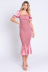 Pink Smocked Satin Maternity Midi Dress