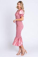 Pink Smocked Satin Midi Dress