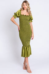 Lime Smocked Satin Maternity Midi Dress