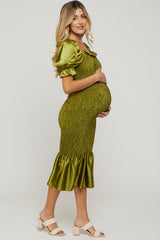 Lime Smocked Satin Maternity Midi Dress