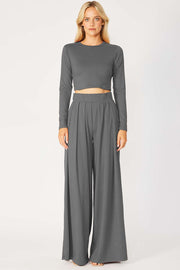 Charcoal Pleated Wide Leg Pants With Cropped Baby Tee Set