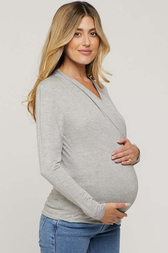 Heather Grey Long Sleeve Wrap Maternity Nursing Top– PinkBlush