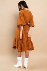 Camel Textured Fabric Tiered Midi Dress