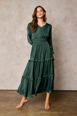 Hunter Green Ruffle Detail Dull Satin Dress