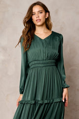 Hunter Green Ruffle Detail Dull Satin Dress