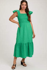 Green Sleeveless Smocked Tiered Maternity Dress