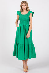 Green Sleeveless Smocked Tiered Maternity Dress