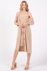 Beige Ribbed Soft Knit Dress Cardigan Set