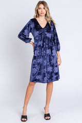 Navy Velvet Floral Ruched Neck Maternity Dress