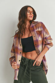 Beige Camel Purple Plaid Fringe Flannel