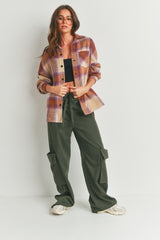 Beige Camel Purple Plaid Fringe Flannel