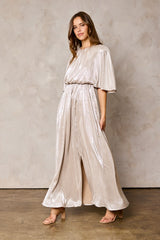 Champagne Wrinkled Slit Maxi Dress