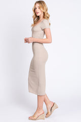 Taupe Rib Knit Short Sleeve Midi Dress