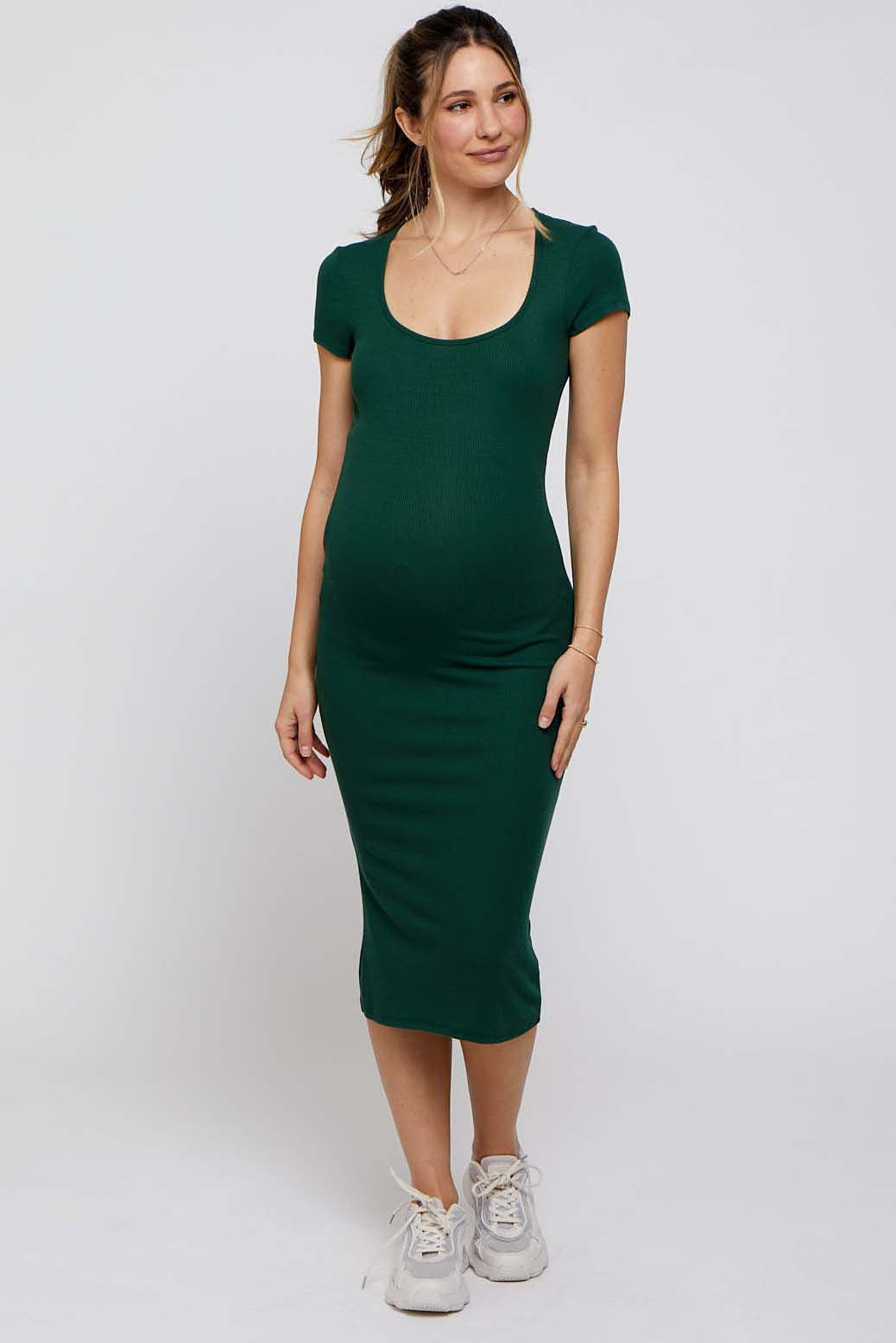 Olive Rib Knit Short Sleeve Maternity Midi Dress– PinkBlush