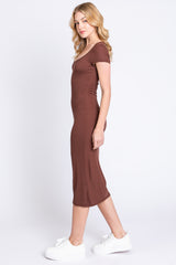 Brown Rib Knit Short Sleeve Midi Dress