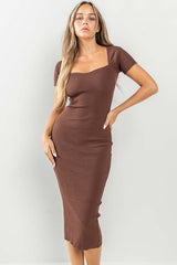 Brown Ribbed Maternity Midi Dress