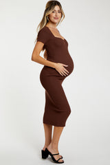 Brown Ribbed Maternity Midi Dress