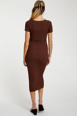 Brown Ribbed Maternity Midi Dress