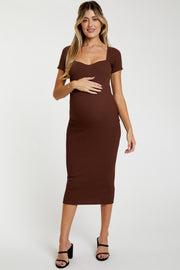 Brown Ribbed Maternity Midi Dress