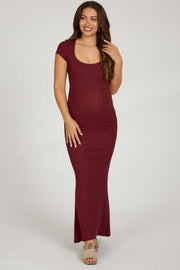 Burgundy Ribbed Scoop Neck Maternity Maxi Dress