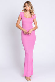 Pink Ribbed Scoop Neck Maxi Dress