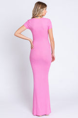 Pink Ribbed Scoop Neck Maxi Dress