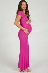 Fuchsia Ribbed Scoop Neck Maternity Maxi Dress