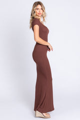 Brown Ribbed Scoop Neck Maxi Dress